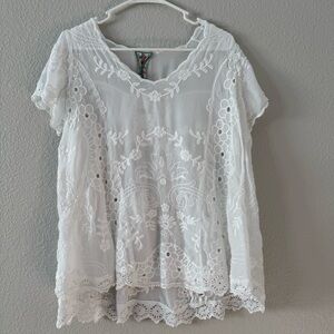 Johnny Was White Flowy Lace Embroidered Sheer Blouse